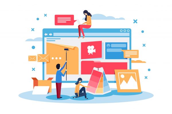 Young people create web site design. Concept online workplace, man and woman at work, employee, administrator, landing page. Vector illustration.